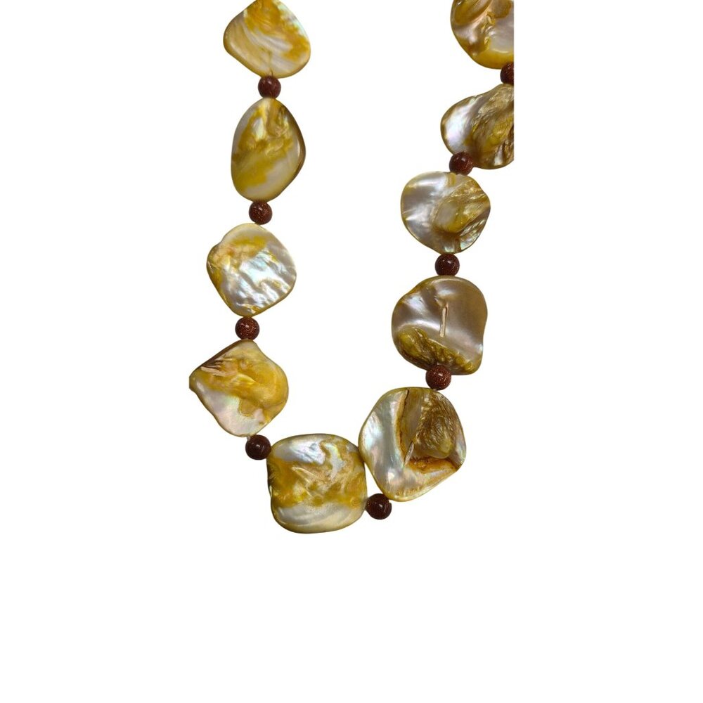 Yellow Mother of Pearl Necklace Goldstone Beads & Ornate Gold-Tone Clasp - Picture 7 of 10